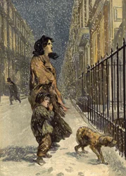 The homeless poor, mother and child with dog in the snow