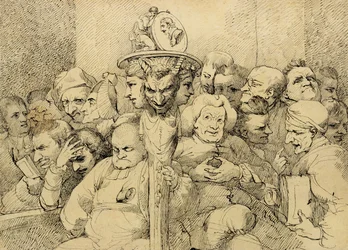Literary Characters Assembled Around the Medallion of Shakespeare