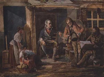 Group Including a Soldier Outside a Cottage Door