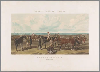 Horses being saddled for the race, Racing - Plate 1. Saddling (title on object), Fore