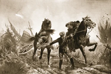 Driver Brown returning with wounded on horseback from the firing line
