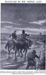 Travellers in the Middle Ages. When darkness fell travellers looked for lights of a monastery, c.1950