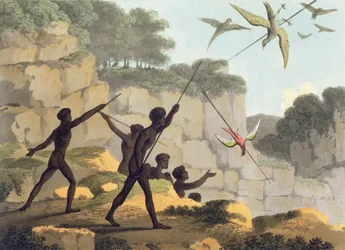 Throwing the Spear, Aborigines Hunting Birds from New South Wales, engraved by Matthew Dubourg, pub. 1813