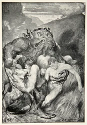 The Daemon of evil, with his fierce ravening, greedily grasped them, from 