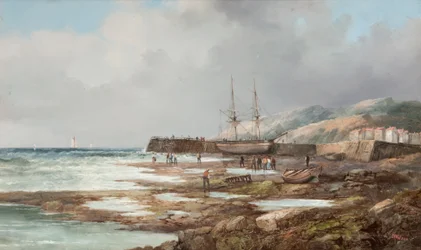 Untitled [Docked sailing vessel with village in background]