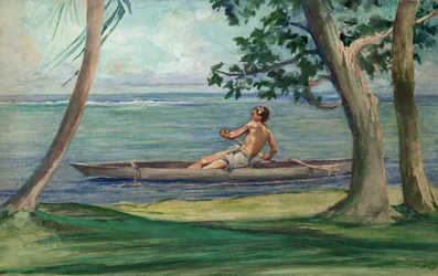 Boy in Canoe Passing in Front of Our House, Vaiala, Samoa