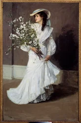 Spring. Allegory of spring: portrait of a woman clothed in white with a bouquet of flowers. Painting by Sir John Lavery (1856-1941)