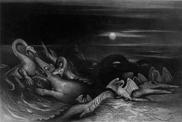 Plesiosaurus battling Temnodontosaurus (Oligostinus), 1840