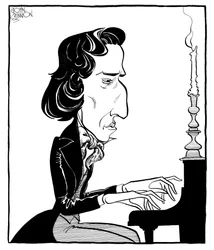 Frederic Chopin - caricature of the Polish composer and pianist playing the piano