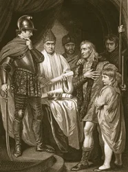 Baliol Surrendering His Crown to Edward I, engraved by J. Parker, illustration from David Hume