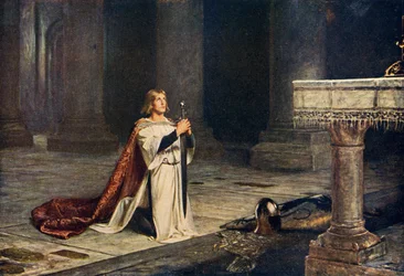 Aspirant knight keeping vigil of arms for entry into knighthood, illustration from 