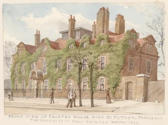 Front view of Fairfax House, Putney, London, the residence of General Fairfax, 1887