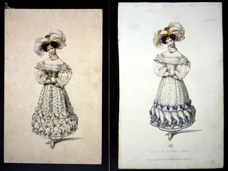Sketch and print of a fashion plate, c.1829