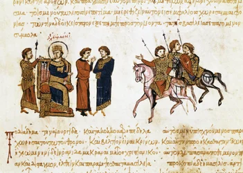 The coronation of the Byzantine Emperor Leo V the Armenian (775-820), miniature from "Synopsis historiarum", c. 1126-1150