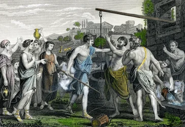 Moses at the Well Defending the Daughters of the Priest of Midian from the Shepherds