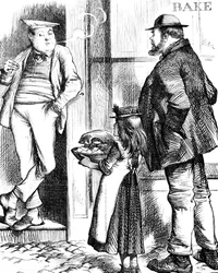 A father and daughter bringing food for roasting to the local baker to be cooked