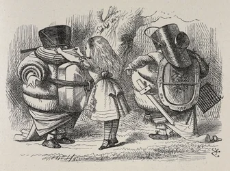 Alice dressing up Tweedledee and Tweedledum
