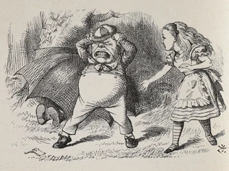 Alice with Angry Tweedledum and hiding Tweedledee