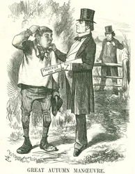 Great Autumn Manoeuvre: Gladstone thought that eventually the vote must be given to agricultural labourers (Hodge). At this time his premiership was shaky and Disraeli is waiting to take his place. John Tenniel cartoon from Punch, London, 9 August 1873.