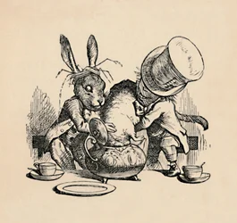 The Mad Hatter and March hare trying to put the Dormouse into a teapot