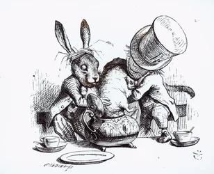 The Mad Hatter and the March Hare putting the Dormouse in the Teapot, illustration from “Alice