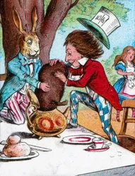 The Mad Hatter and the March Hare trying to put the Dormouse into a teapot