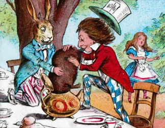 The Mad Hatter and the March Hare trying to put the Dormouse into a teapot, c1910