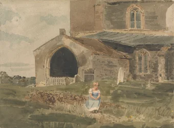 Young Girl Sitting on a Bank Outside a Church