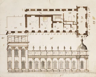 Castle Howard, Yorkshire: An Early Design for the three Bays of the Elevation of the South or Garden Front and nine Bay single storey lower lateral wings with an Inset of the Ground Plan