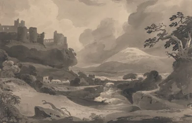 Mountain Landscape with Castle Ruins on a Cliff