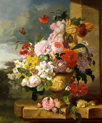 Still Life of Flowers in a Vase (including daffodils, roses, tulips, and primroses). Painting by John Wainewright (born in the 19th century) Private Collection.