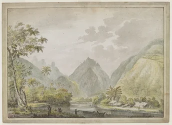 A view looking up the Vaitepiha River with two Tahitians in a canoe in the foreground, and two others on the bank. Tahitian houses to the right. August 1777