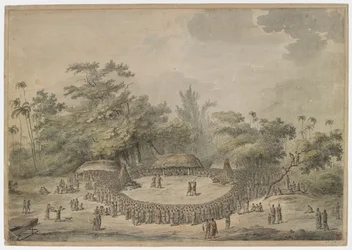 Captain Cook seated with the chiefs, watching two pairs of combatants; one pair boxing, the other pair fighting with clubs, within a large circle of spectators. Some men of Cook