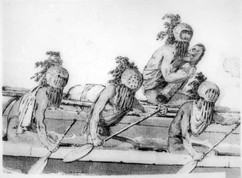 Double canoe with oarsmen, Hawaii