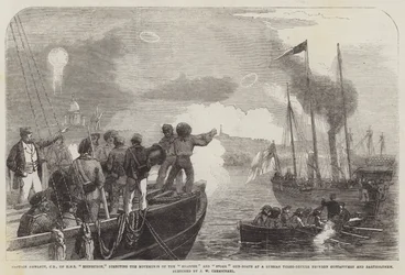 Captain Hewlett, CB, of HMS Edinburgh, Directing the Movements of the Snapper and Stork Gun-Boats at a Russian Three-Decker between Gustafsvern and Bartholomew