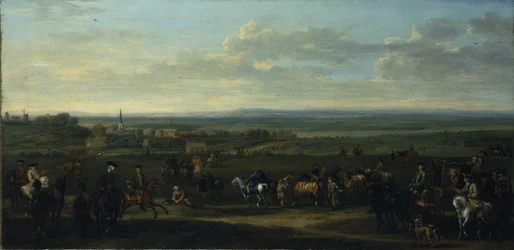 A view of Old Newmarket with figures and horses on the Heath