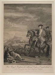 H.R.H. William, Duke of Cumberland with a View of the Routed Army Near Culloden, 1746, Published by B. Baron, 1747