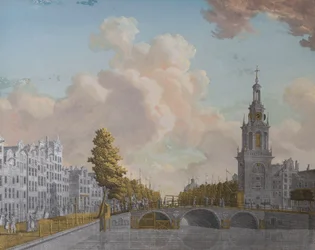 View of the Tower called Jan Roodenpoortstoren and the Singel Canal in Amsterdam