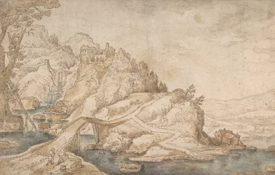 Hilly Landscape with River, Bridge and Houses with Two Figures at Left
