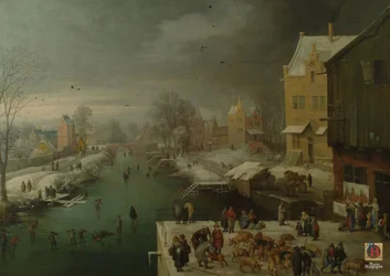 Winter landscape with skaters and a pig market