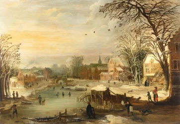 Winter Village Landscape by a Frozen River