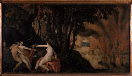Lot and his daughters under roses and laurel trees