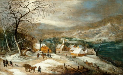 A Winter Landscape, with Figures on a Road by a Village
