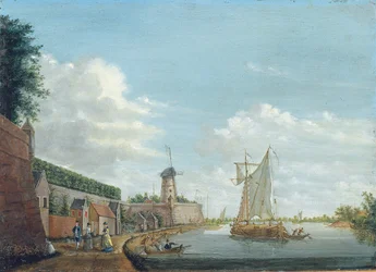 A River Landscape with Elegant Townsfolk Promenading by a City Wall