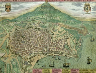 Map of Catania, from "Civitates Orbis Terrarum" by Georg Braun (1541-1622) and Frans Hogenberg (1535-90), c. 1572