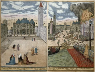 View of San Marco, and the Palazzo Ducale on fire, from 