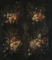 Simulated Sculpted Head of a Woman in a Cartouche Decorated with Swags of Fruit