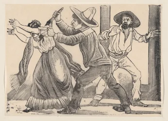 A man grabbing a woman by her sleeve and stabbing her, from a broadside entitled 