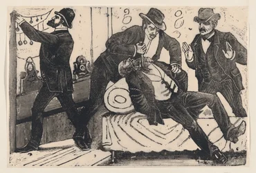 A Man Stabbing Another Man in the Chest While His Associates Loot a Store, ca. 1890-1891
