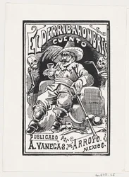 A Man with Weapons and a Pipe in His Mouth Flanked by Two Skeletons, Illustration, ca. 1880-1910